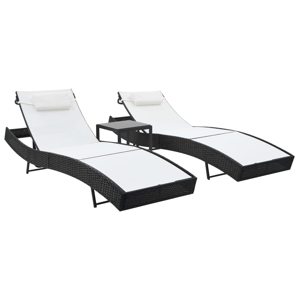 Sonnenliegen 2 Stk. Mit Tisch Poly Rattan Und Textilene Schwarz