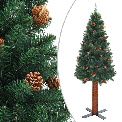 Weihnachtsbaum Schlank Mit Echtholz Und Zapfen Grün 150 Cm Pvc