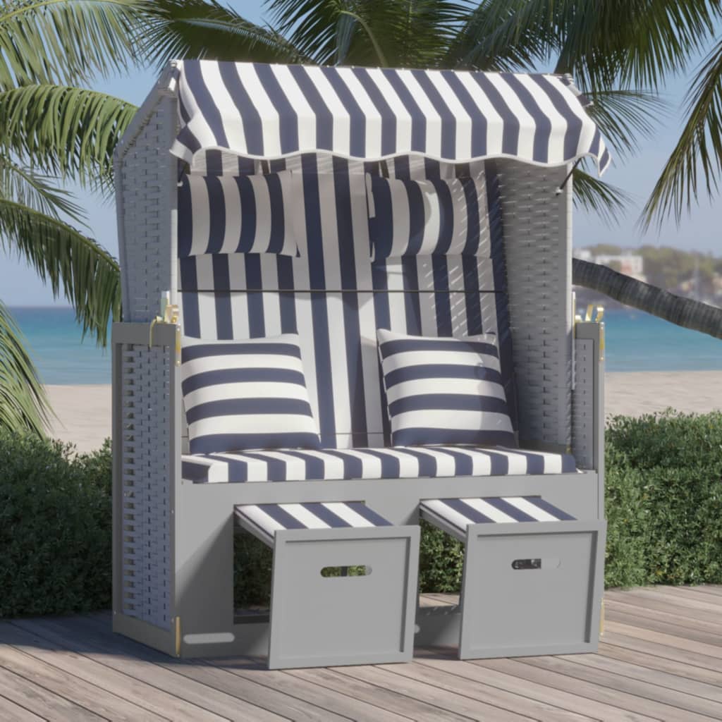 Strandkorb Mit Kissen Poly Rattan Und Massivholz Blau & Weiß