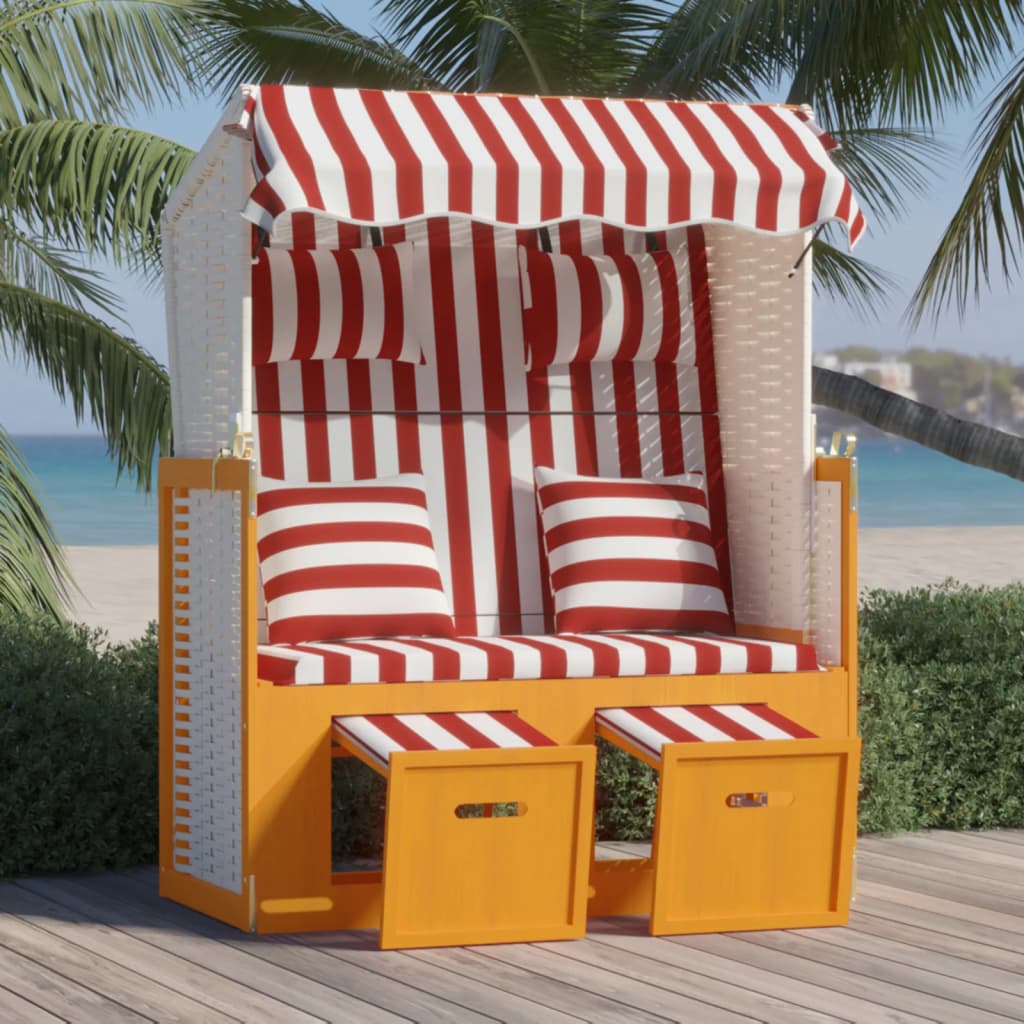 Strandkorb Mit Kissen Poly Rattan Und Massivholz Blau & Weiß