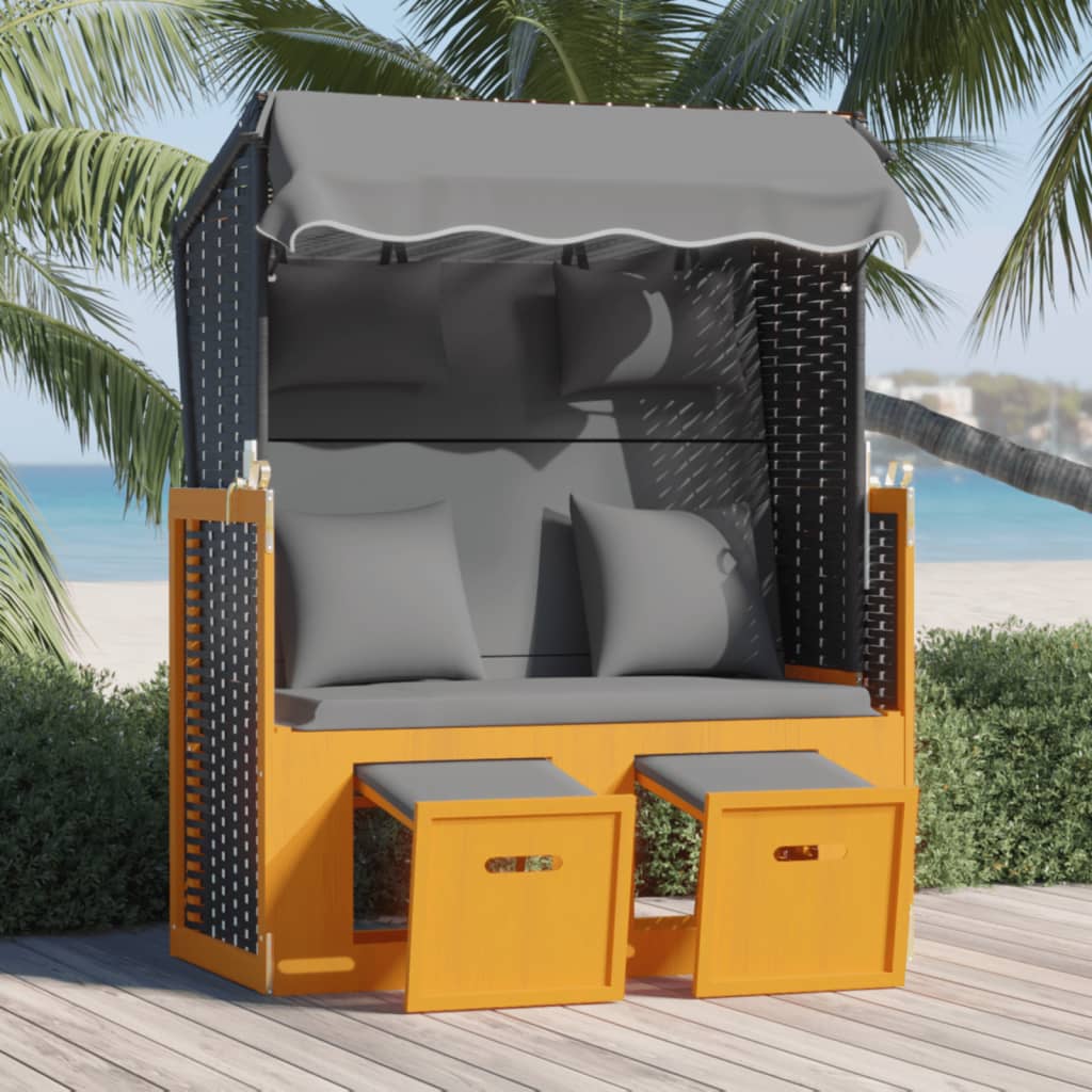 Strandkorb Mit Kissen Poly Rattan Und Massivholz Blau & Weiß