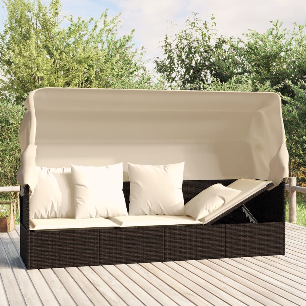 Outdoor-Loungebett Mit Dach Und Kissen Braun Poly Rattan