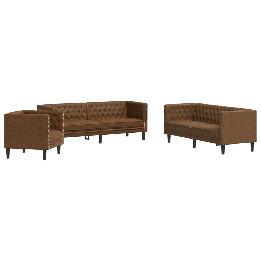 3-Tlg. Chesterfield-Sofa-Set Kunstleder Wildleder-Optik