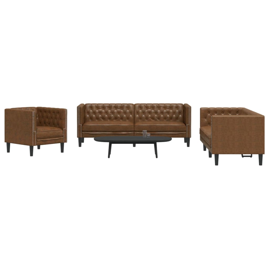 3-Tlg. Chesterfield-Sofa-Set Kunstleder Wildleder-Optik