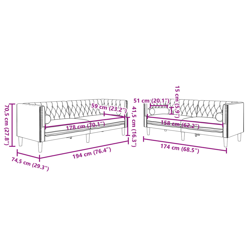 2-Tlg. Chesterfield-Sofa-Set Mit Nackenrollen Samt