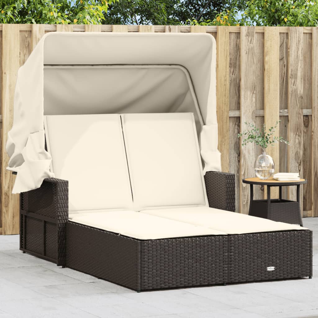 Doppel-Sonnenliege Mit Dach Und Auflagen Beige Poly Rattan