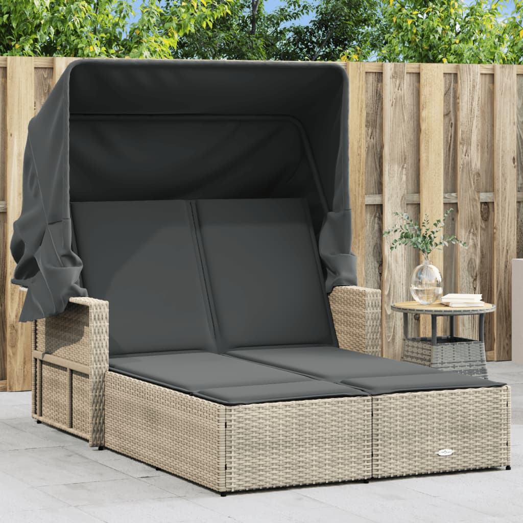 Doppel-Sonnenliege Mit Dach Und Auflagen Beige Poly Rattan