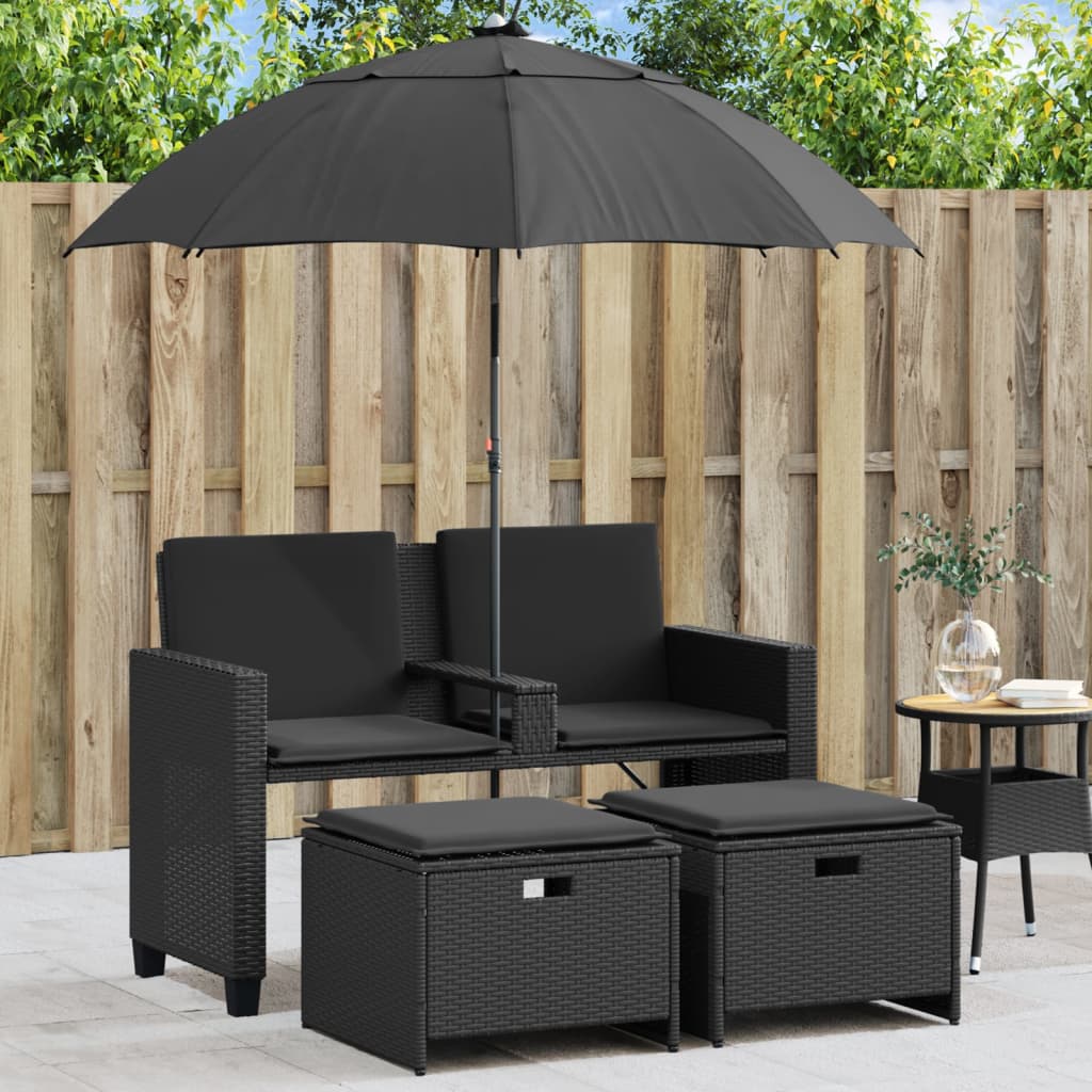 Gartensofa 2-Sitzer Sonnenschirm Und Hocker Schwarz Poly-Rattan