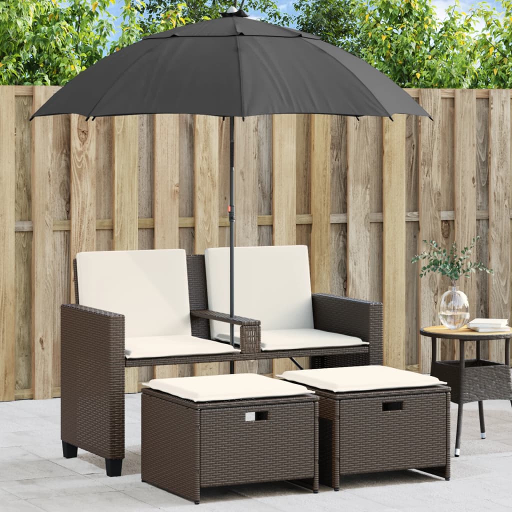 Gartensofa 2-Sitzer Sonnenschirm Und Hocker Schwarz Poly-Rattan