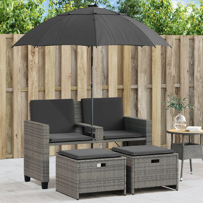 Gartensofa 2-Sitzer Sonnenschirm Und Hocker Schwarz Poly-Rattan