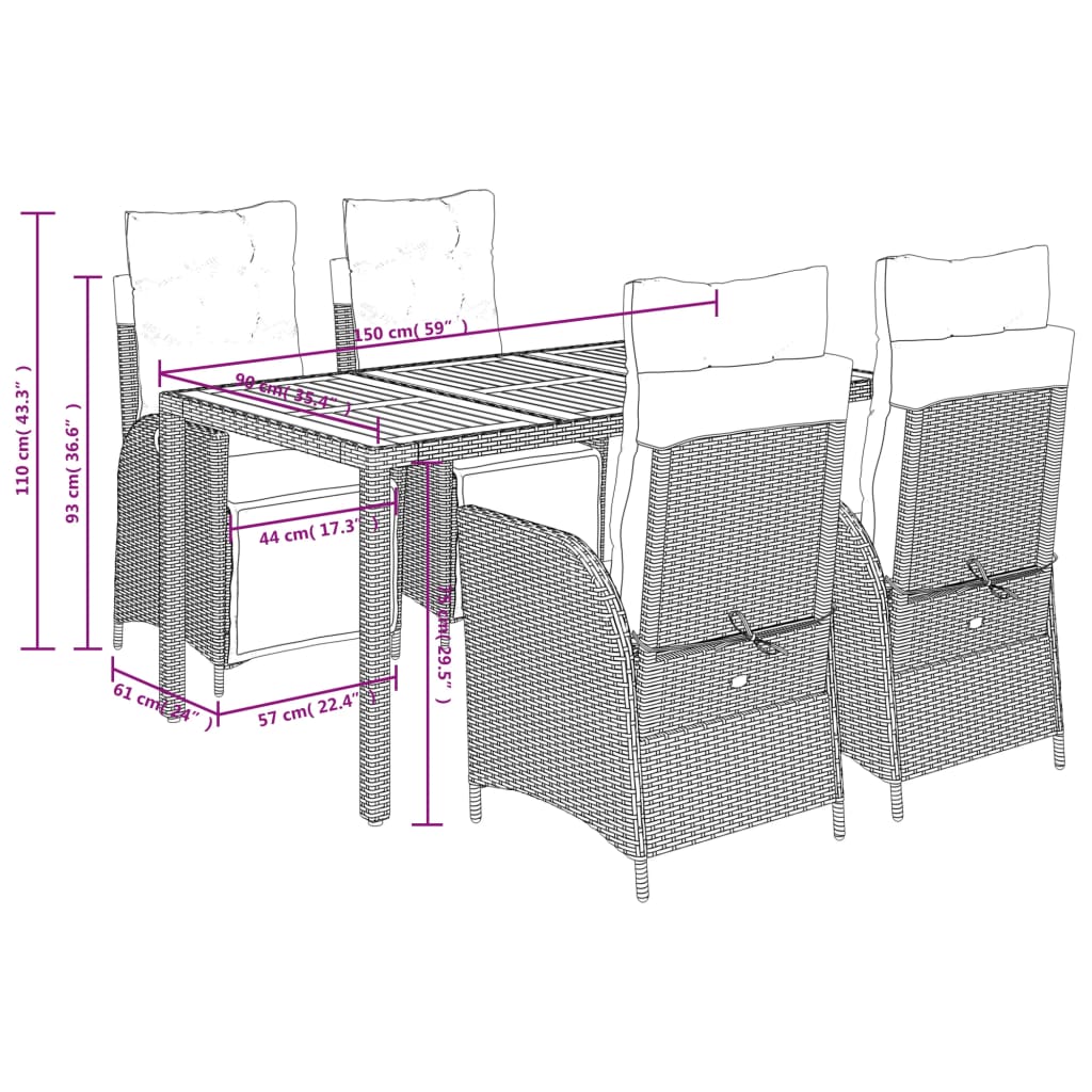 5-Tlg. Garten-Essgruppe Mit Kissen Poly Rattan