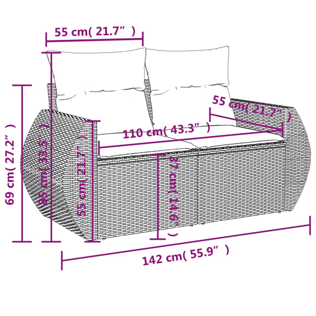 Gartensofa Mit Kissen 2-Sitzer Hell Poly Rattan