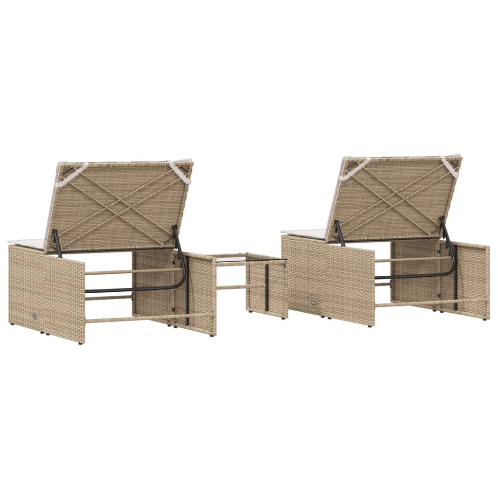 Sonnenliegen 2 Stk. Mit Tisch Beige Poly Rattan