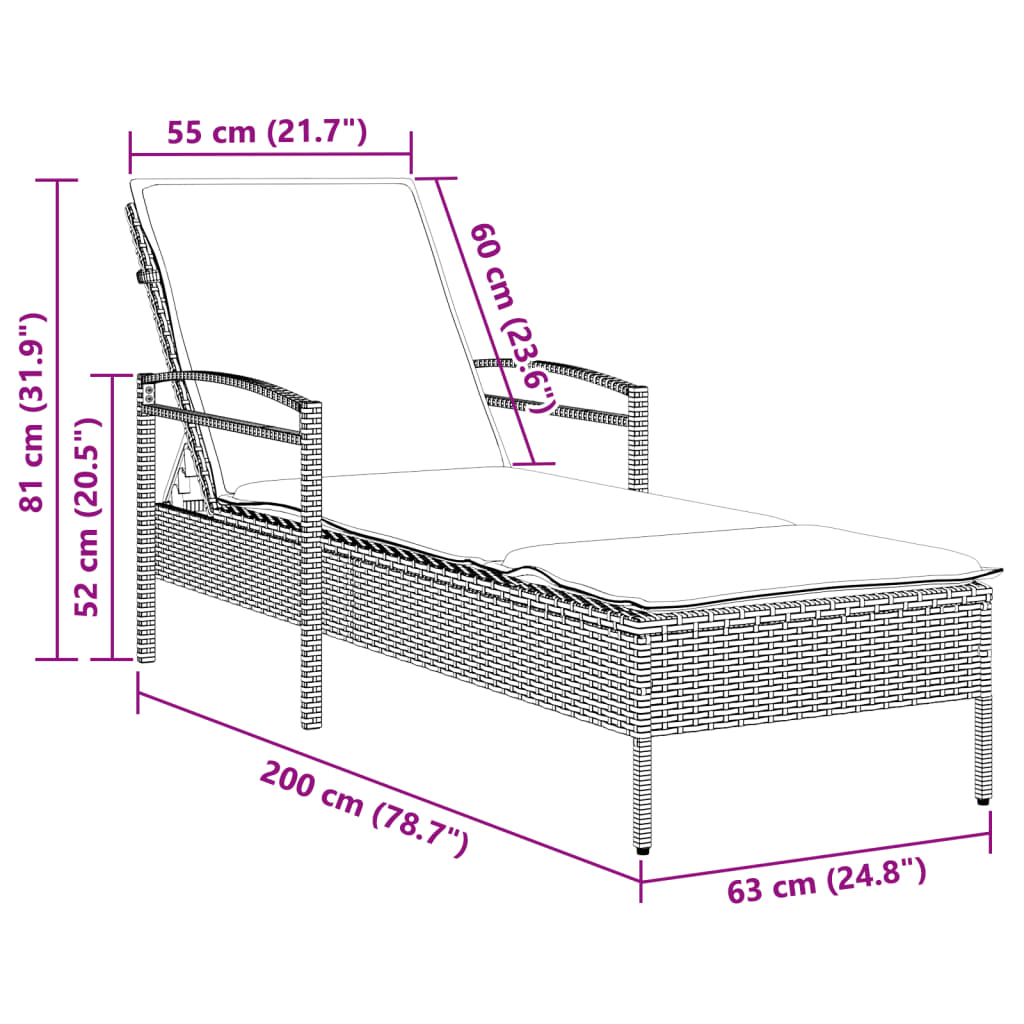 Sonnenliege Mit Auflage 63X200X81 Cm Poly Rattan