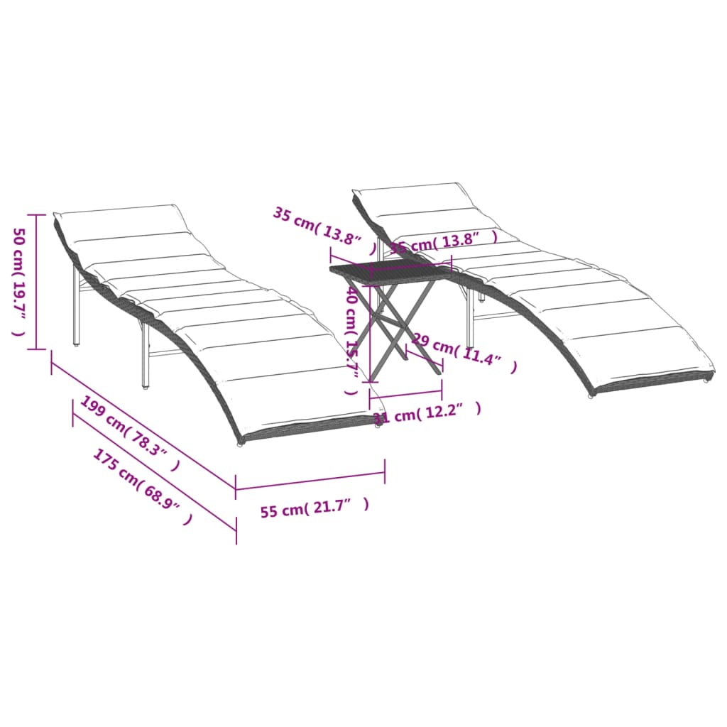 Sonnenliegen 2 Stk. Mit Tisch Poly Rattan