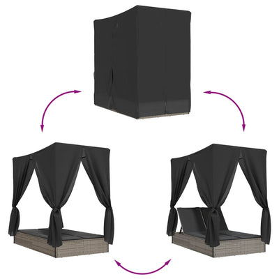 Doppel-Sonnenliege Mit Dach Und Vorhängen Poly Rattan