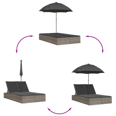 Doppel-Sonnenliege Mit Kissen & Sonnenschirm Poly Rattan