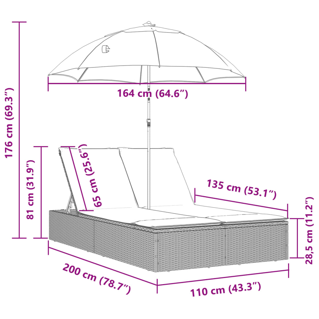 Doppel-Sonnenliege Mit Kissen & Sonnenschirm Poly Rattan