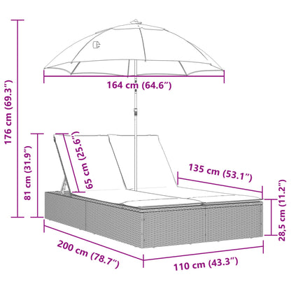 Doppel-Sonnenliege Mit Kissen & Sonnenschirm Poly Rattan