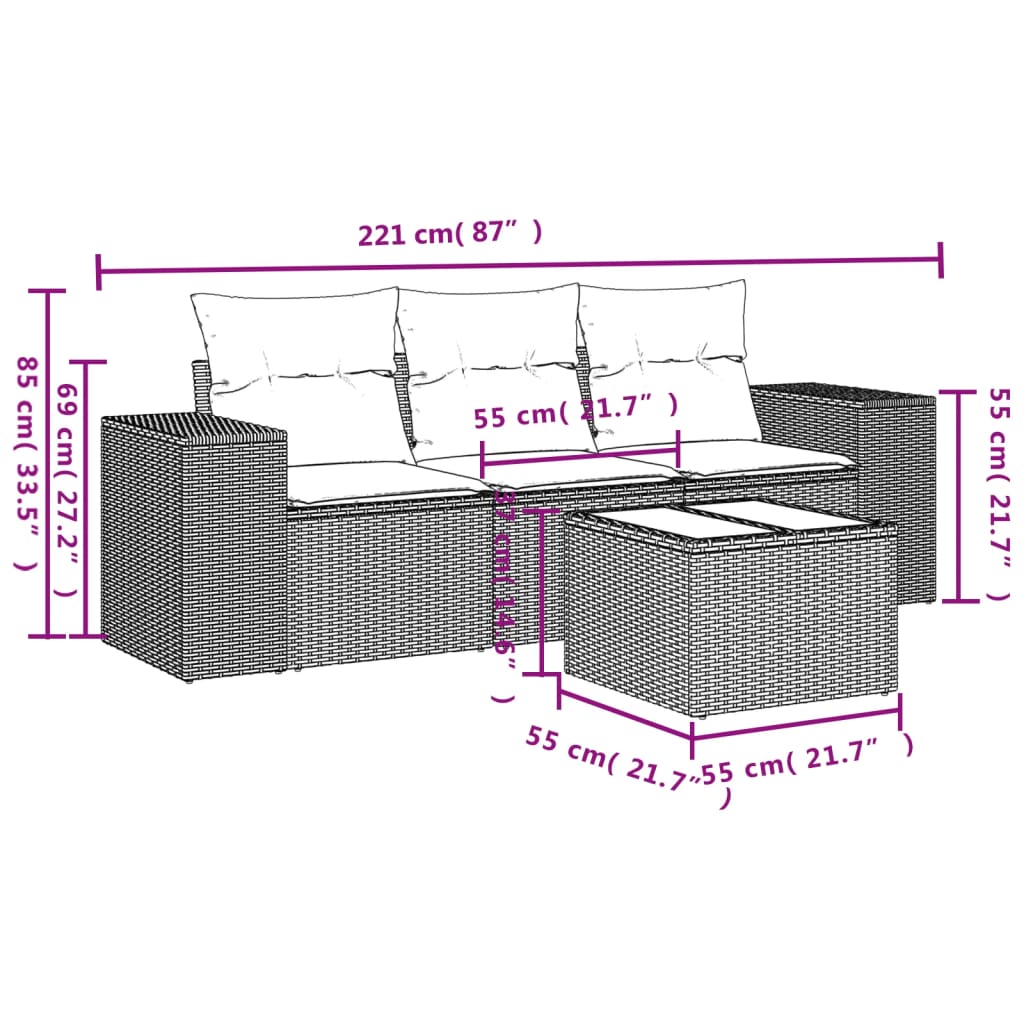 4-Tlg. Garten-Sofagarnitur Mit Kissen Poly Rattan