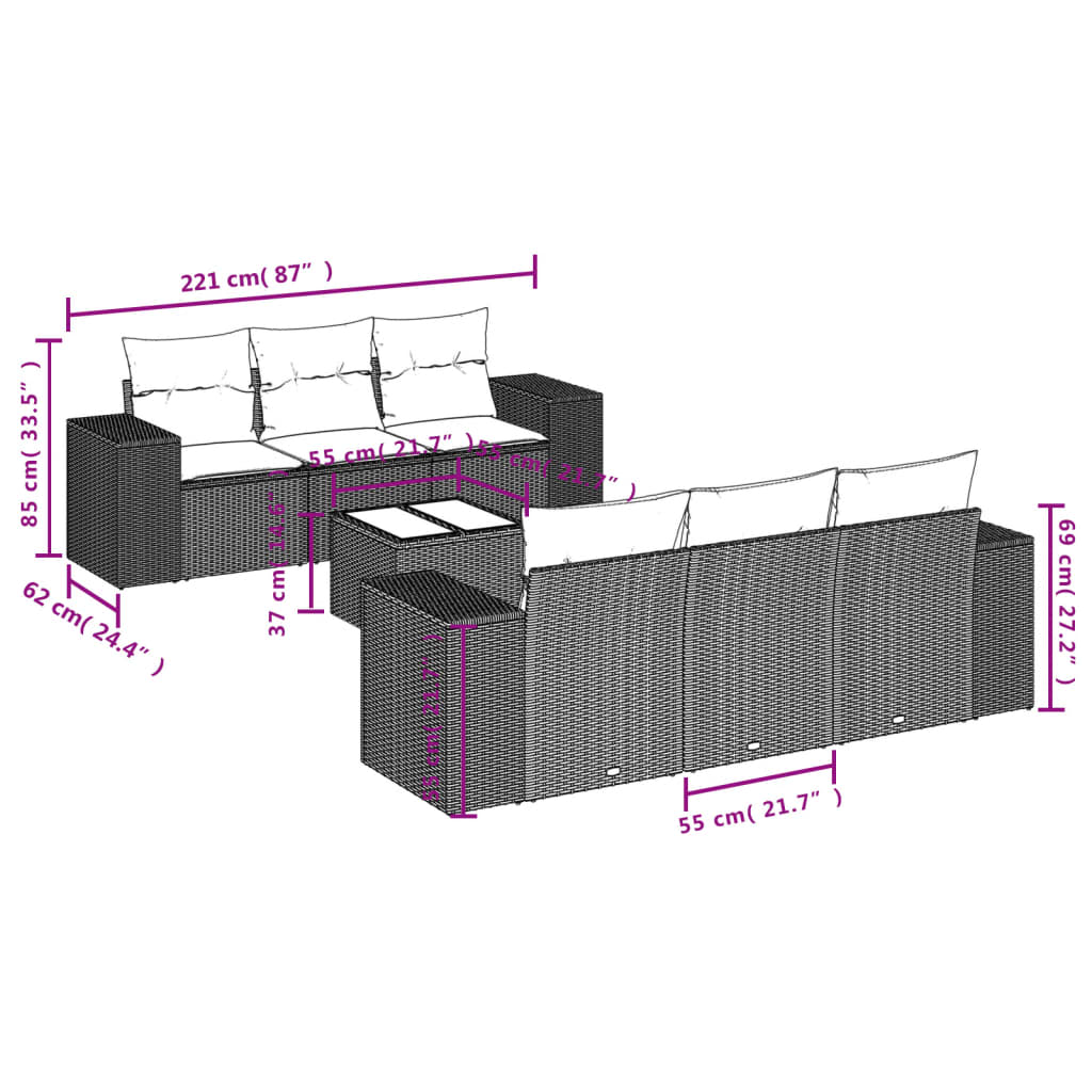 7-Tlg. Garten-Sofagarnitur Mit Kissen Poly Rattan