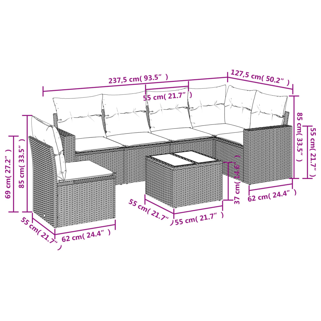 7-Tlg. Garten-Sofagarnitur Mit Kissen Poly Rattan