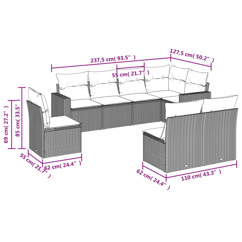 8-Tlg. Garten-Sofagarnitur Mit Kissen Poly Rattan