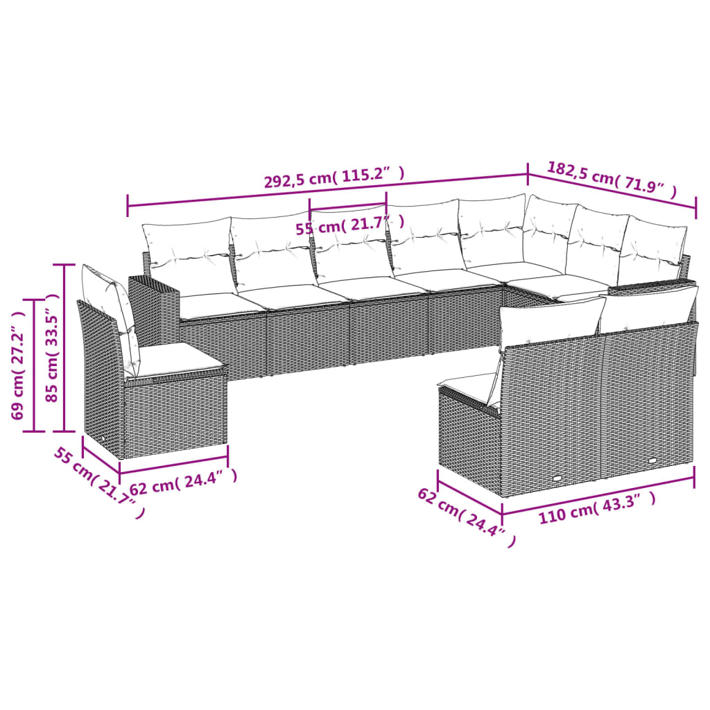 10-Tlg. Garten-Sofagarnitur Mit Kissen Poly Rattan