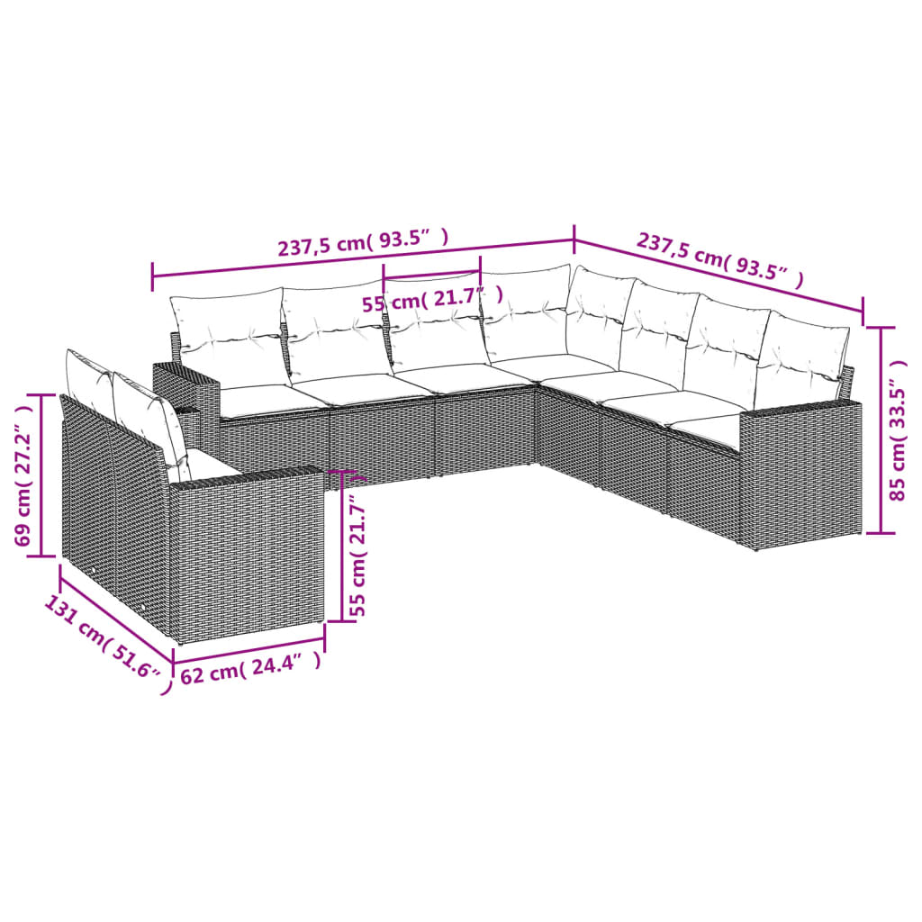 9-Tlg. Garten-Sofagarnitur Mit Kissen Poly Rattan