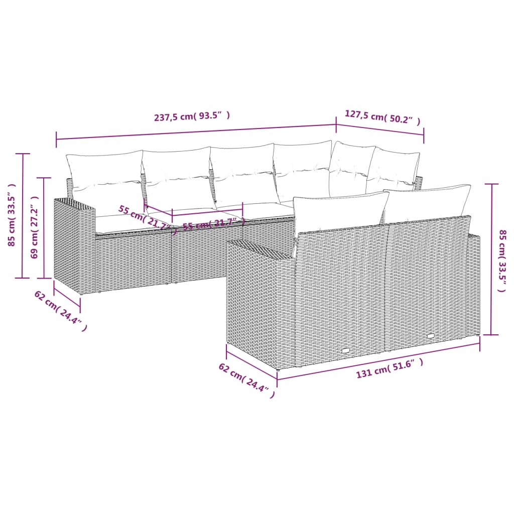 7-Tlg. Garten-Sofagarnitur Mit Kissen Poly Rattan