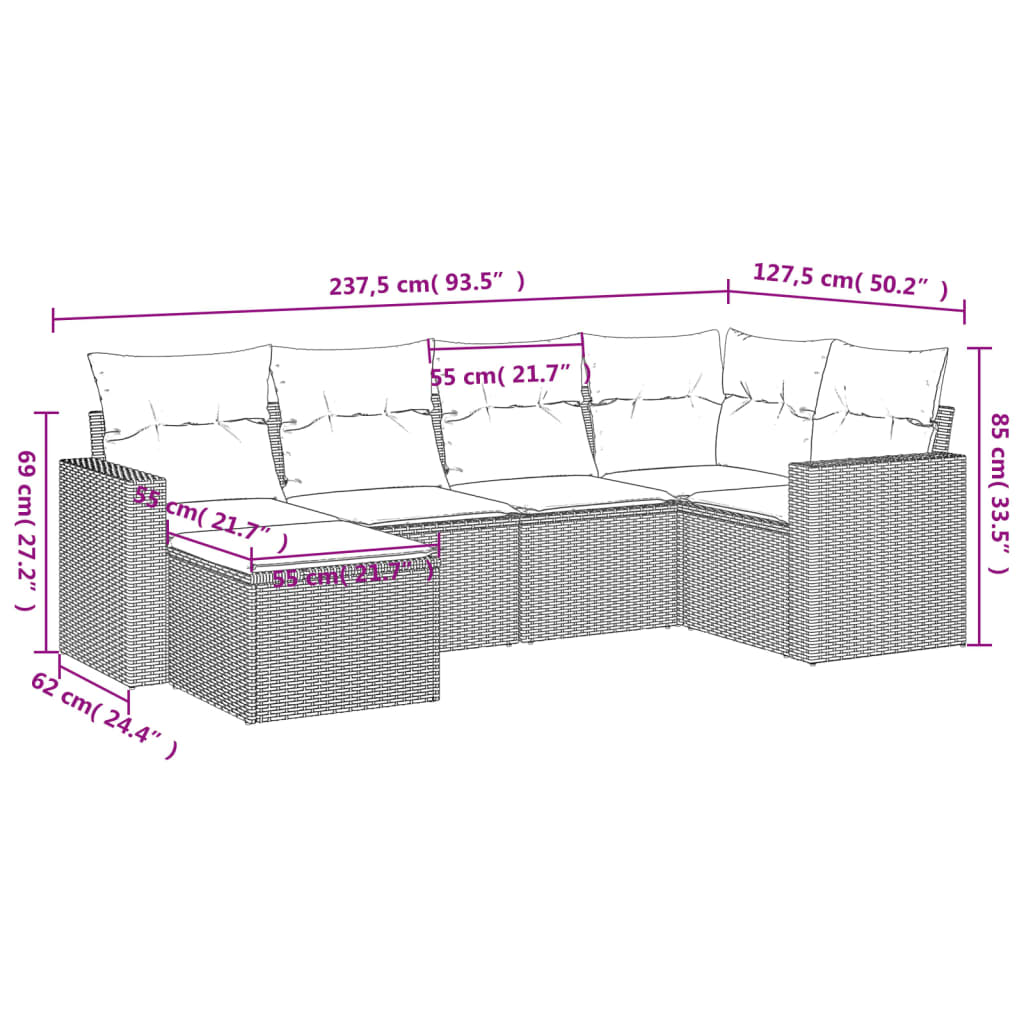 6-Tlg. Garten-Sofagarnitur Mit Kissen Poly Rattan