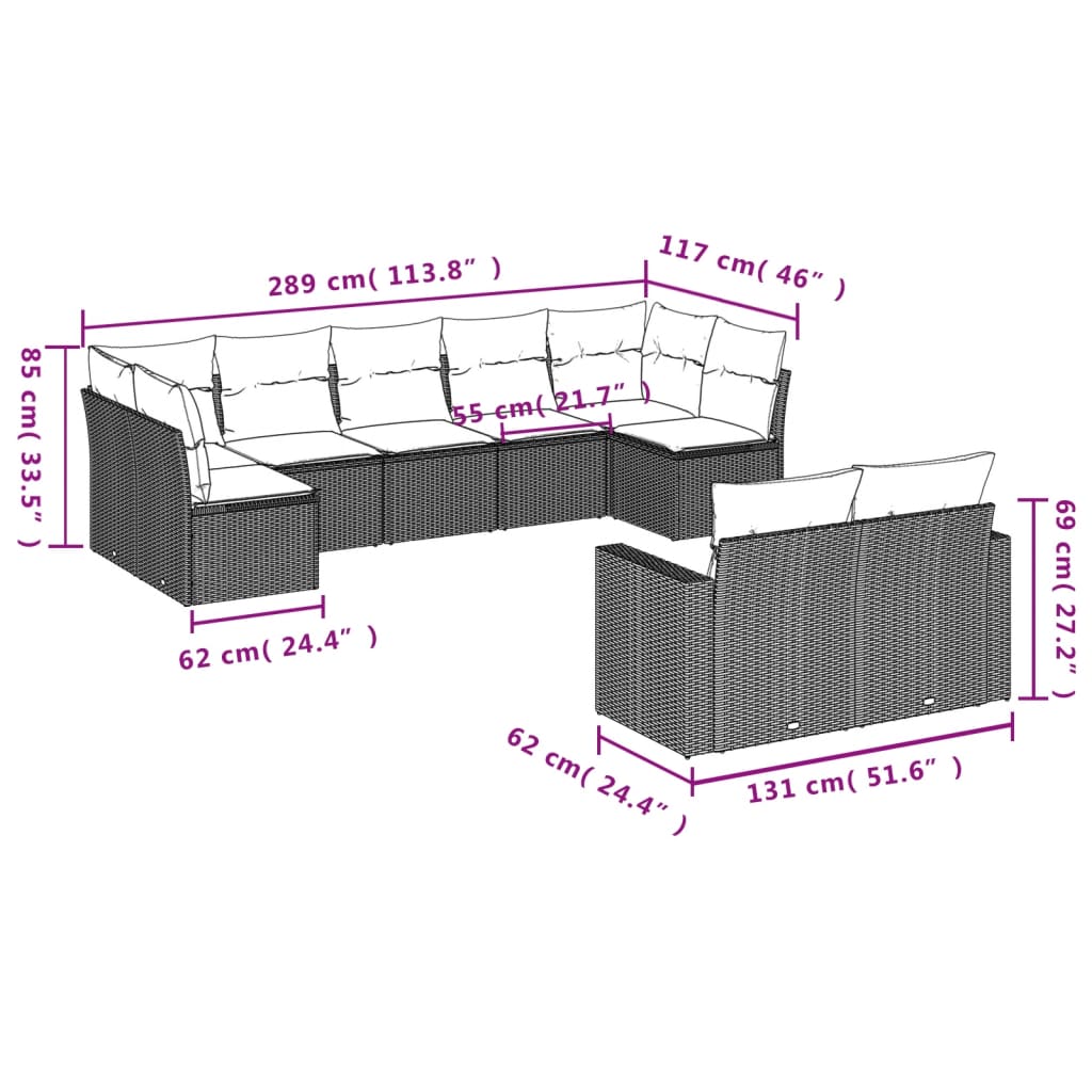 9-Tlg. Garten-Sofagarnitur Mit Kissen Poly Rattan