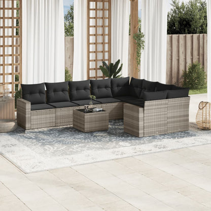 9-Tlg. Garten-Sofagarnitur Mit Kissen Hellgrau Poly Rattan