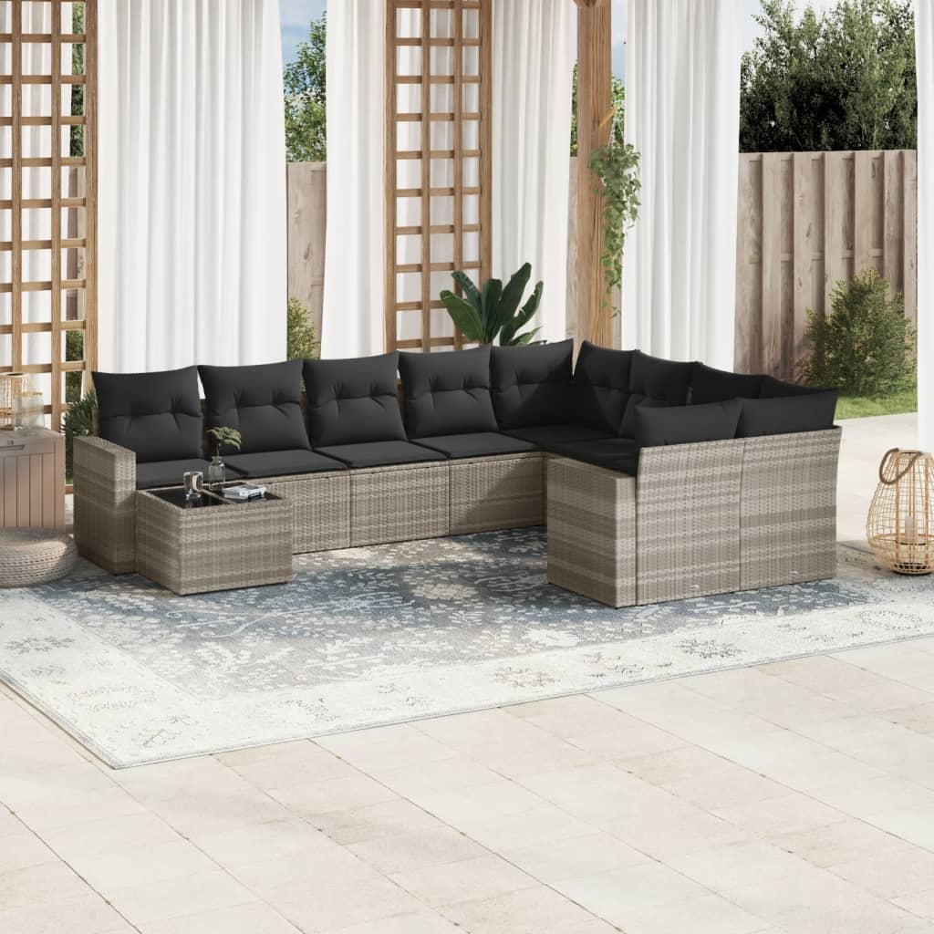 10-Tlg. Garten-Sofagarnitur Mit Kissen Hellgrau Poly Rattan