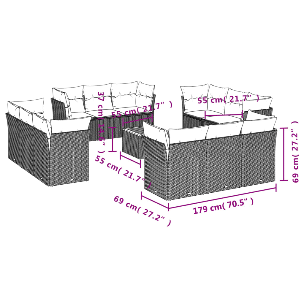 13-Tlg. Garten-Sofagarnitur Mit Kissen Poly Rattan