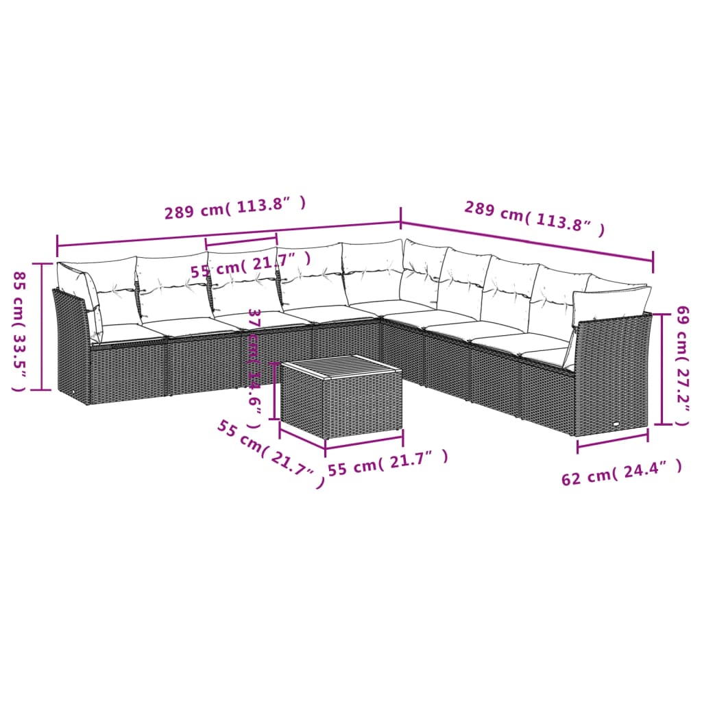 10-Tlg. Garten-Sofagarnitur Mit Kissen Poly Rattan