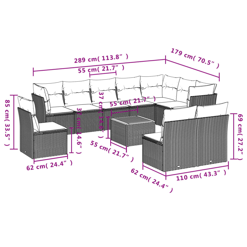 11-Tlg. Garten-Sofagarnitur Mit Kissen Poly Rattan