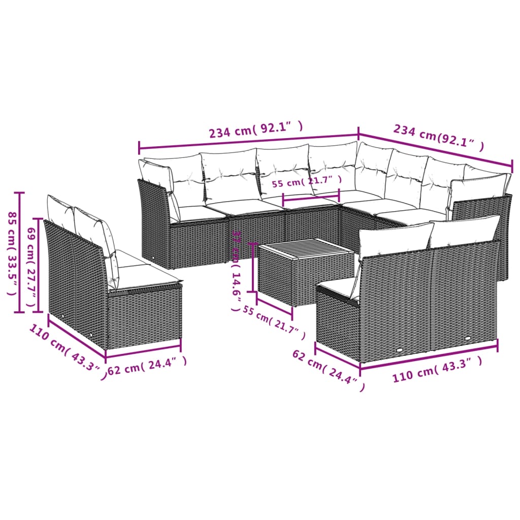 12-Tlg. Garten-Sofagarnitur mit Kissen Poly Rattan