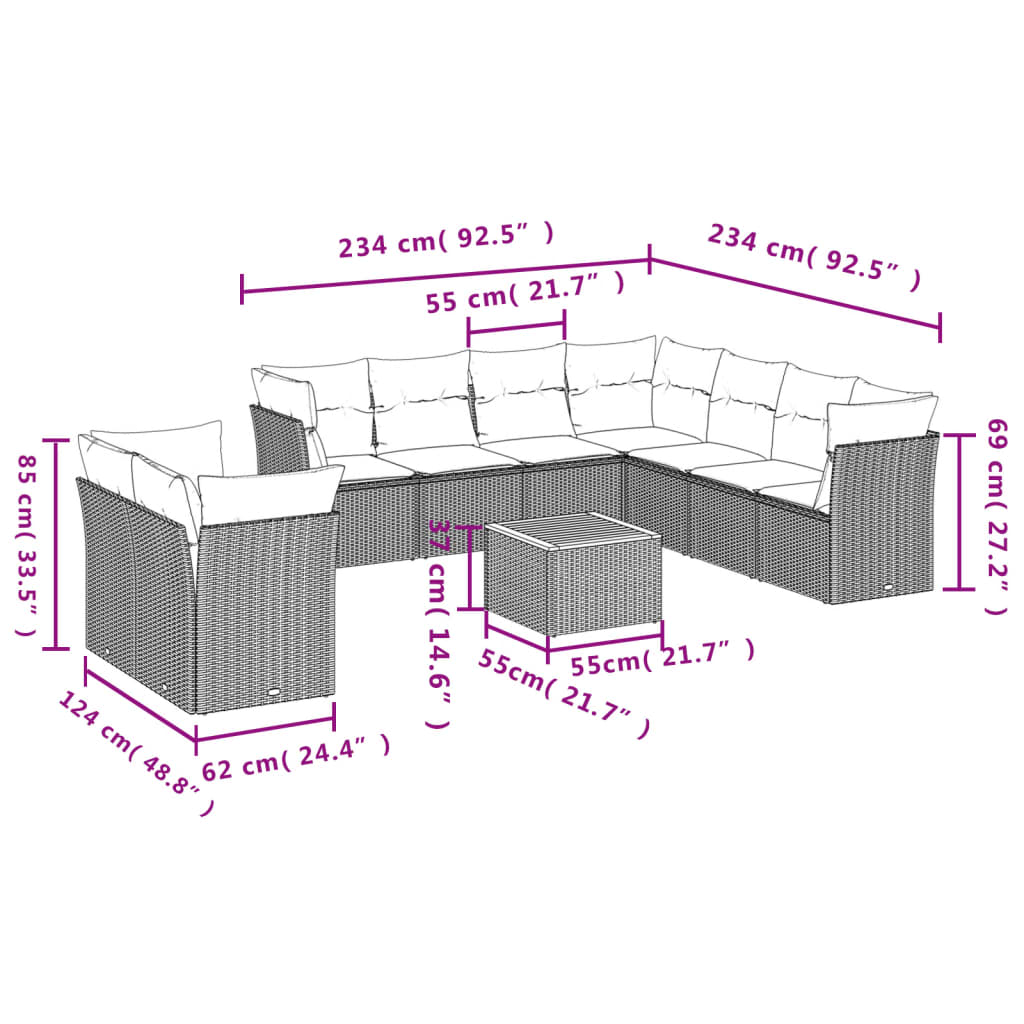 11-Tlg. Garten-Sofagarnitur mit Kissen Poly Rattan