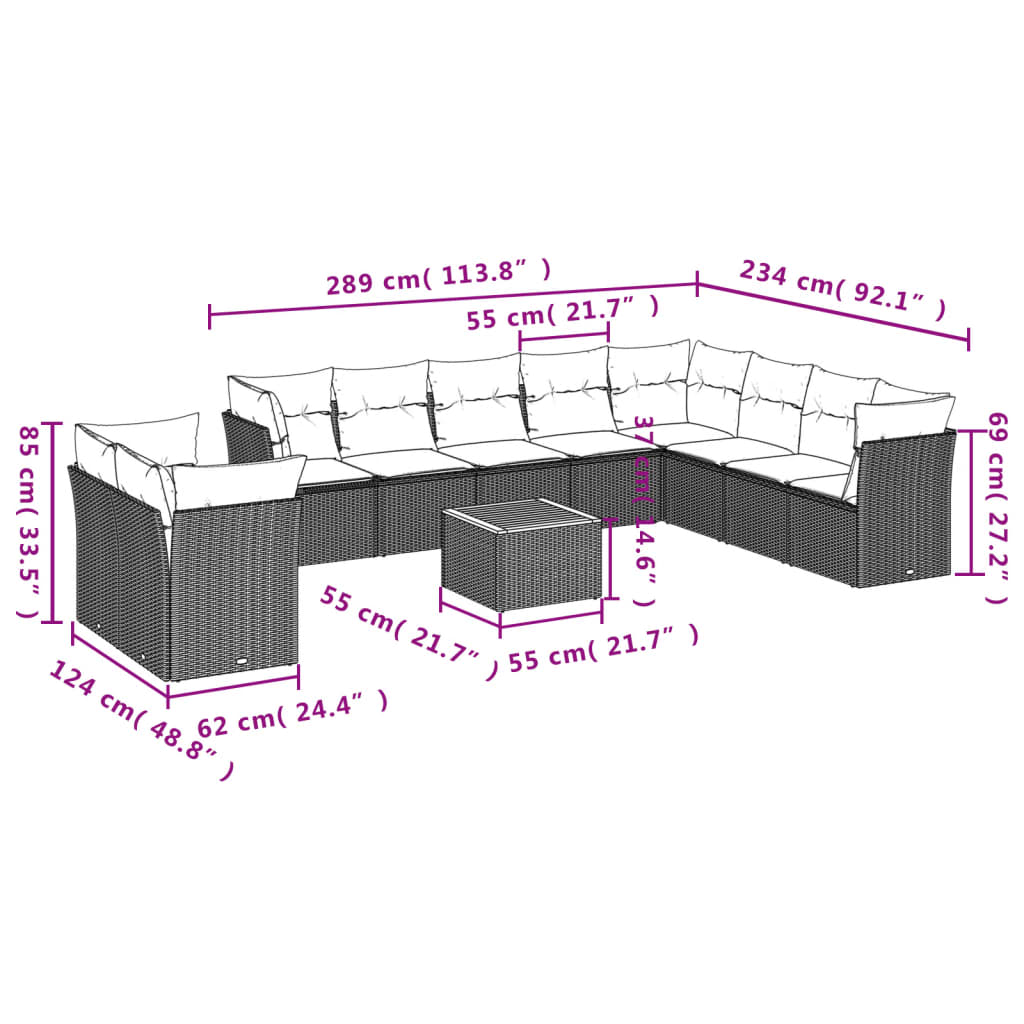 11-Tlg. Garten-Sofagarnitur Mit Kissen Poly Rattan