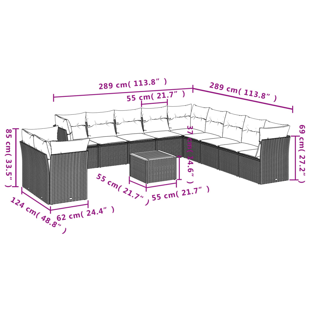 12-Tlg. Garten-Sofagarnitur Mit Kissen Poly Rattan