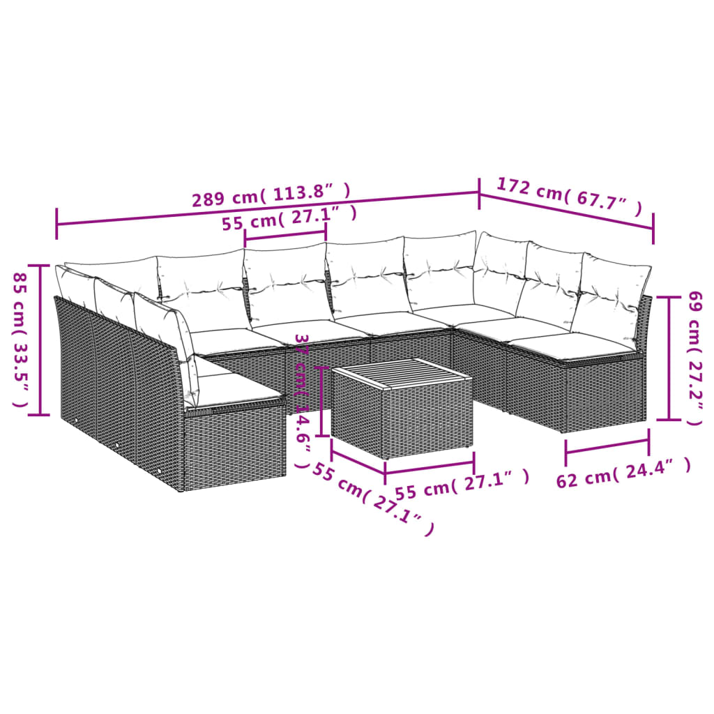 10-Tlg. Garten-Sofagarnitur Mit Kissen Poly Rattan