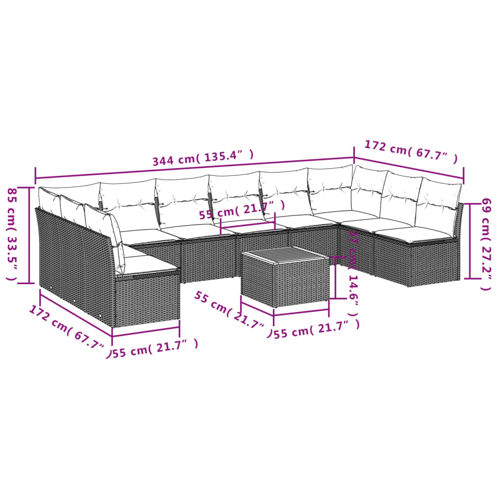 11-Tlg. Garten-Sofagarnitur Mit Kissen Poly Rattan