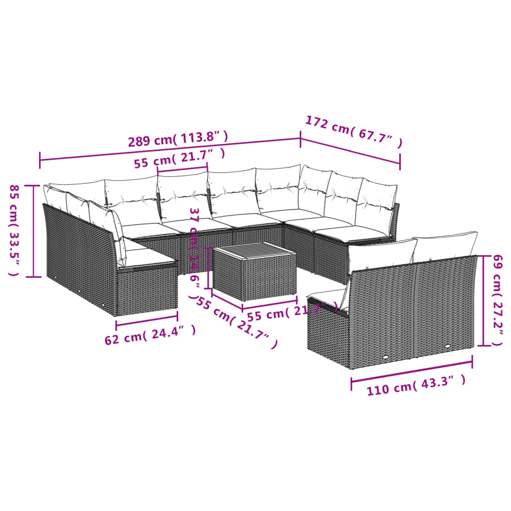 12-Tlg. Garten-Sofagarnitur mit Kissen Poly Rattan