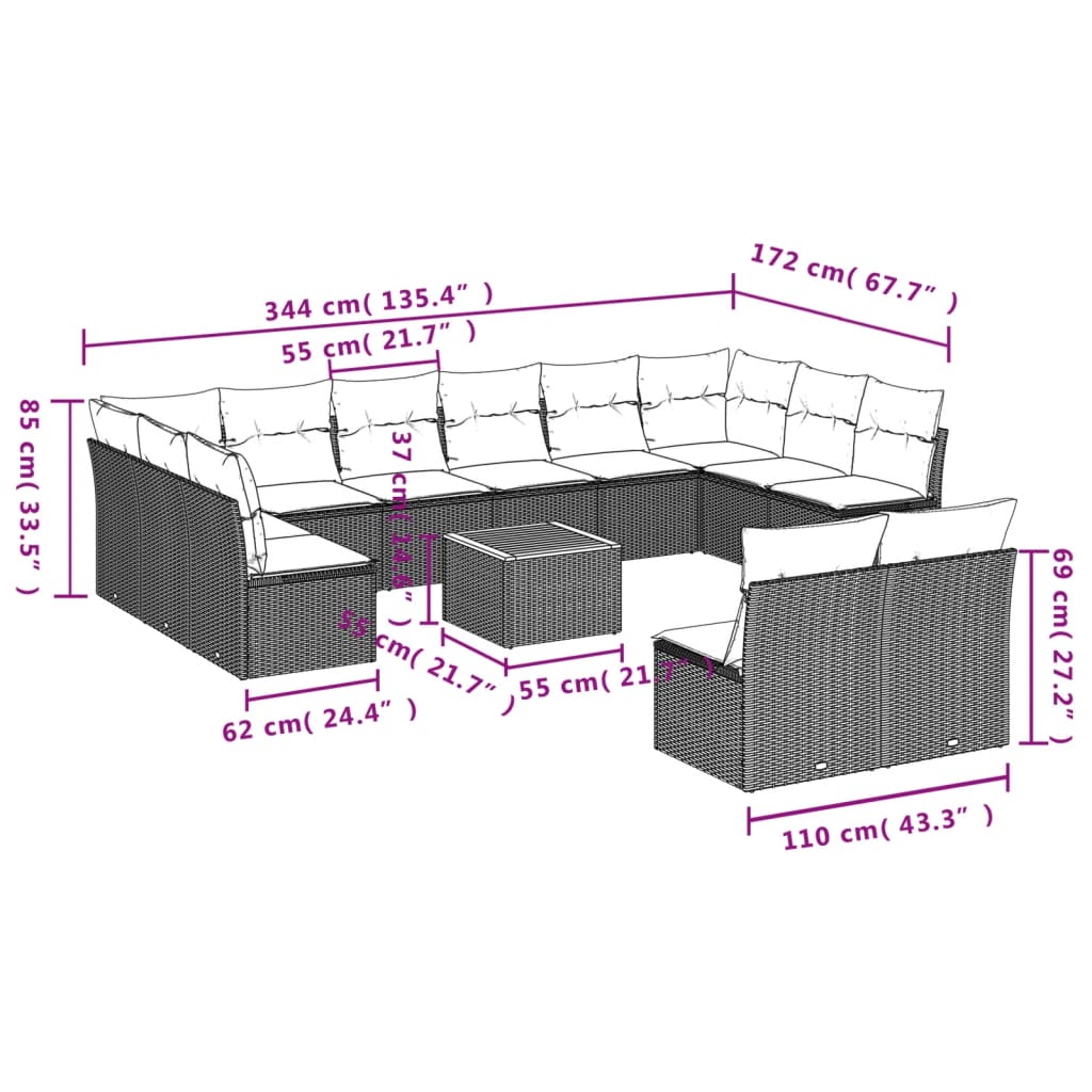 13-Tlg. Garten-Sofagarnitur Mit Kissen Poly Rattan