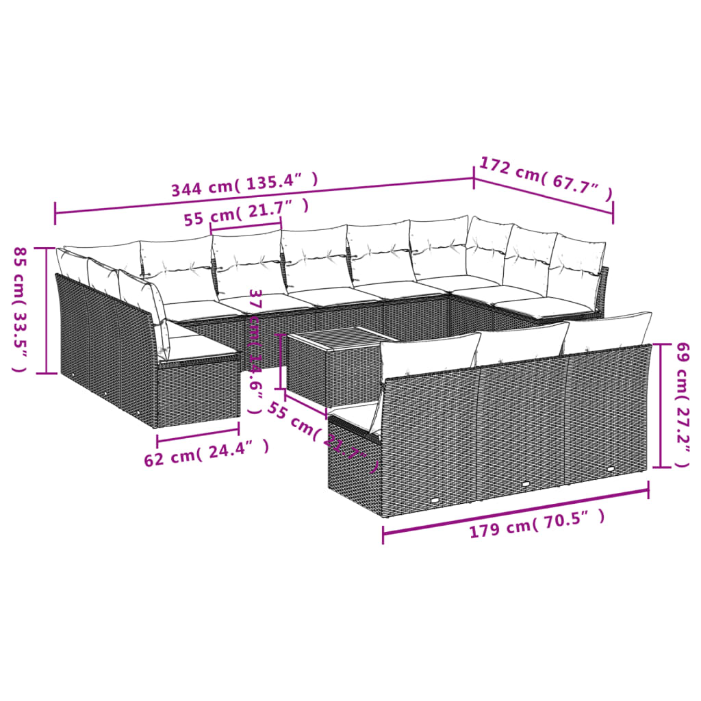 14-Tlg. Garten-Sofagarnitur Mit Kissen Poly Rattan