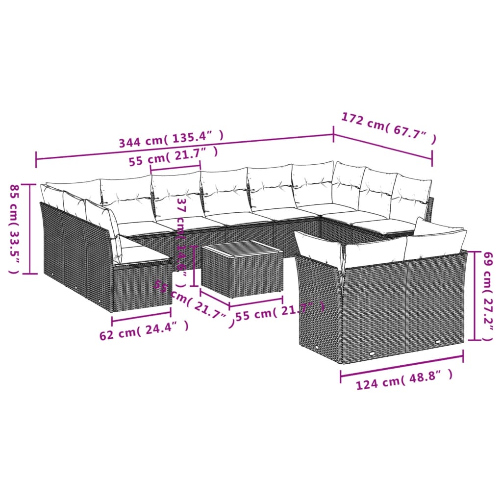 13-Tlg. Garten-Sofagarnitur mit Kissen Poly Rattan