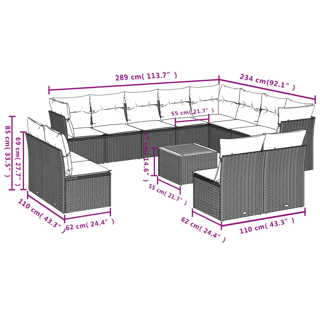 13-Tlg. Garten-Sofagarnitur Mit Kissen Poly Rattan