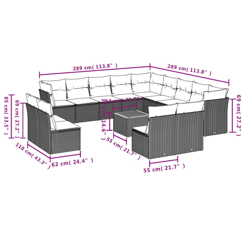 14-Tlg. Garten-Sofagarnitur Mit Kissen Poly Rattan