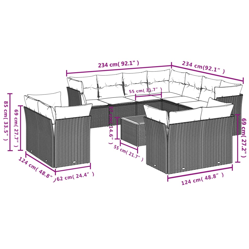 12-Tlg. Garten-Sofagarnitur mit Kissen Poly Rattan